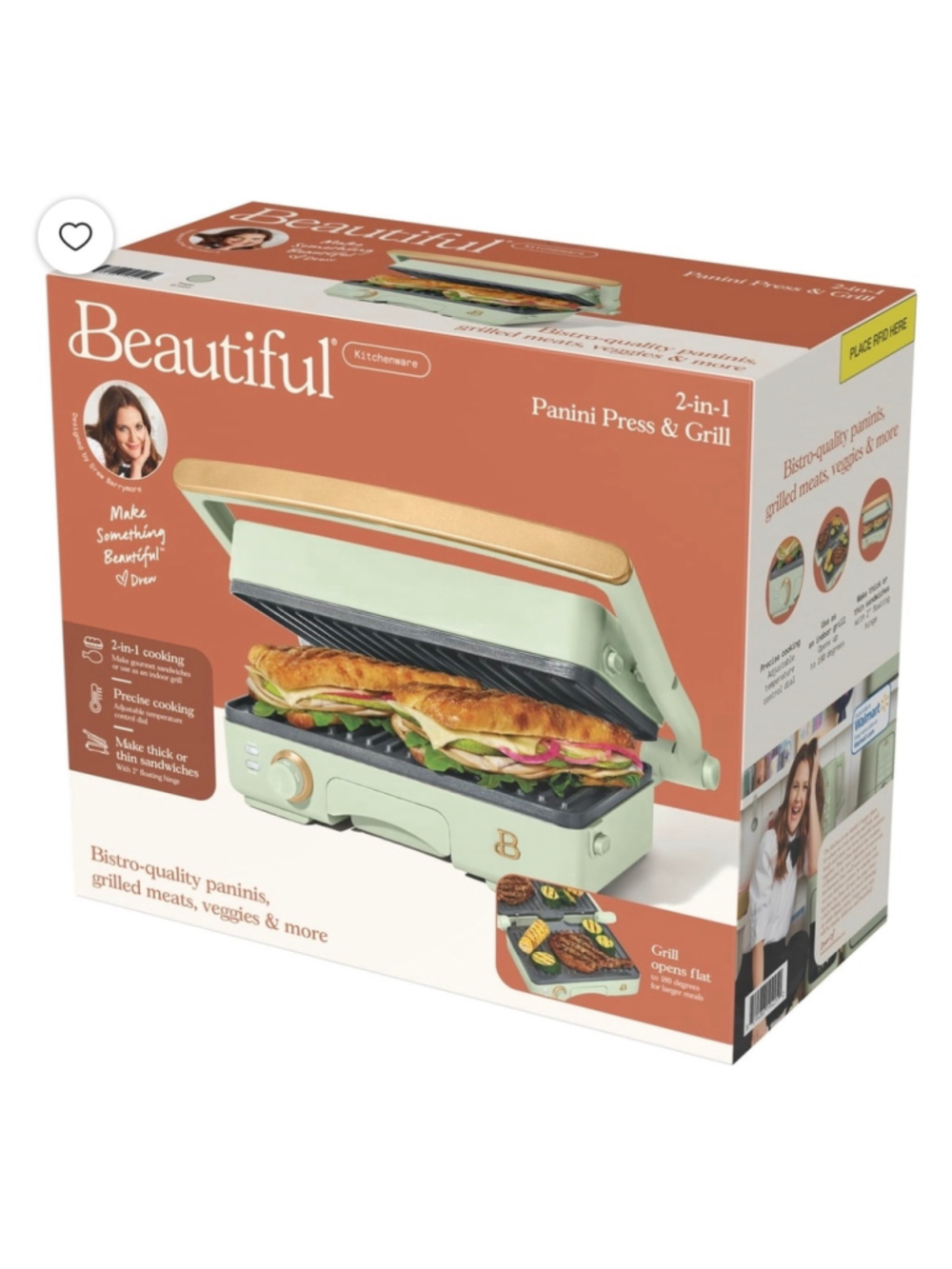 NEW Beautiful Kitchenware 2-in-1 Panini Press & Grill, One Size, Green/Gold